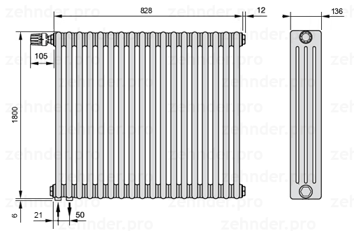 Схема (чертеж) Радиатор Zehnder Charleston 4180/18 №V001 Белый глянцевый RAL 9016